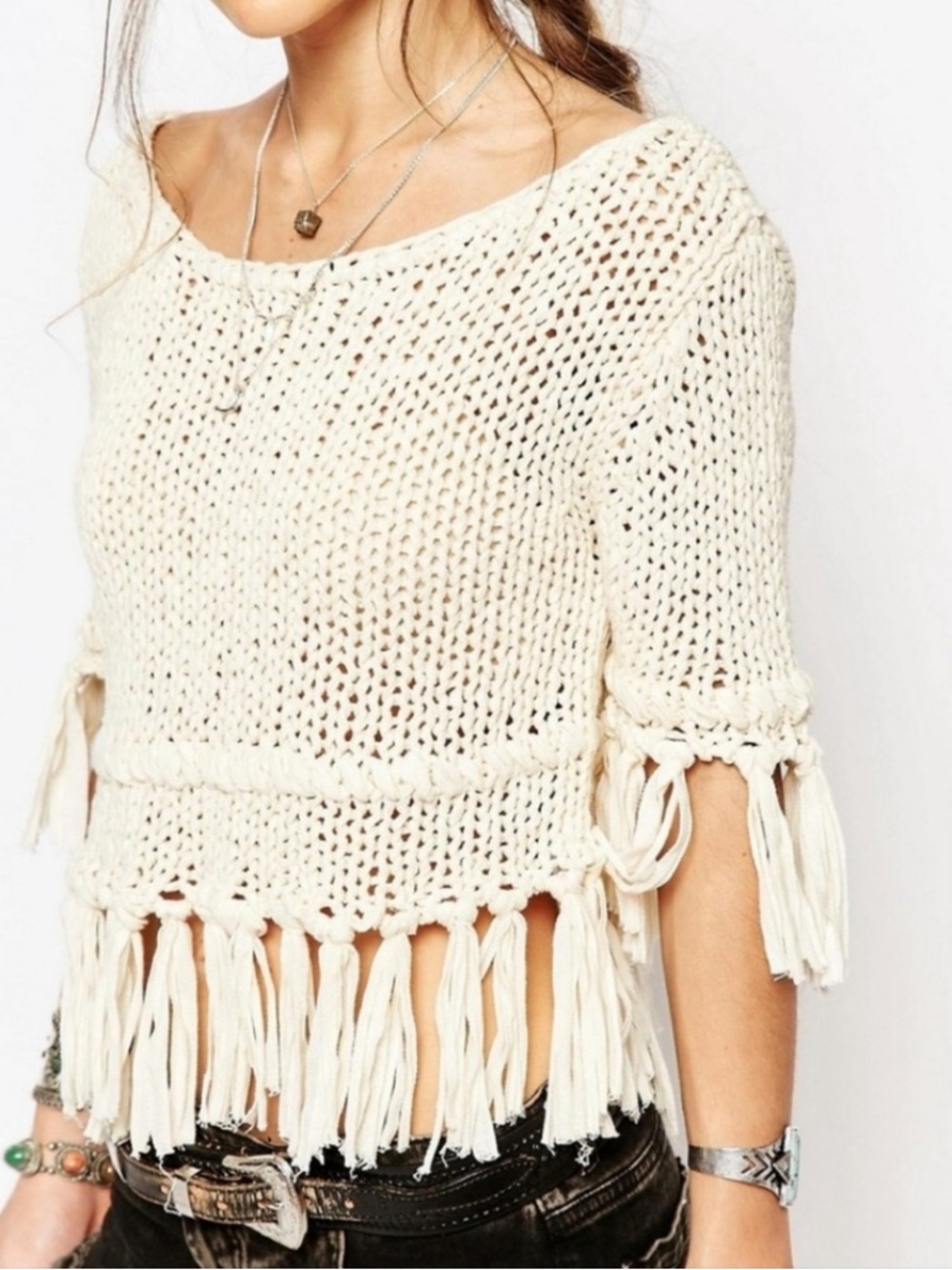 Free People Cream Crochet Fringe Top